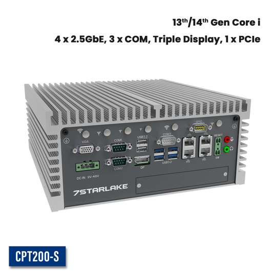 CPT200-S: Industrial Fanless Embedded Computer with 4 x 2.5GbE, 3 x COM, Triple Display, 2 x Expansion Door