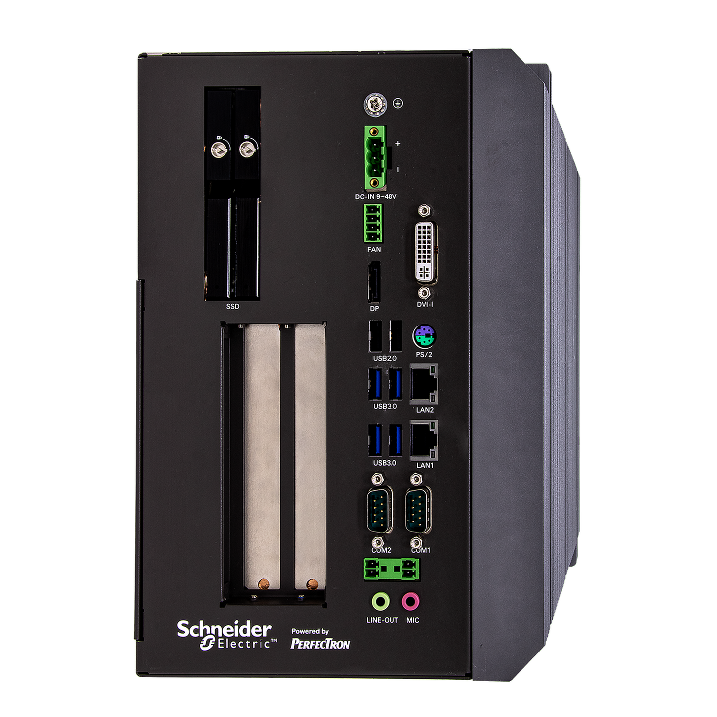 SCH3X1: Smart Energy Fanless Computer with  2 x COM, 2 x PCIe Expansion, 2 x Hot Swappable SSD,                  DC Input 9~48V