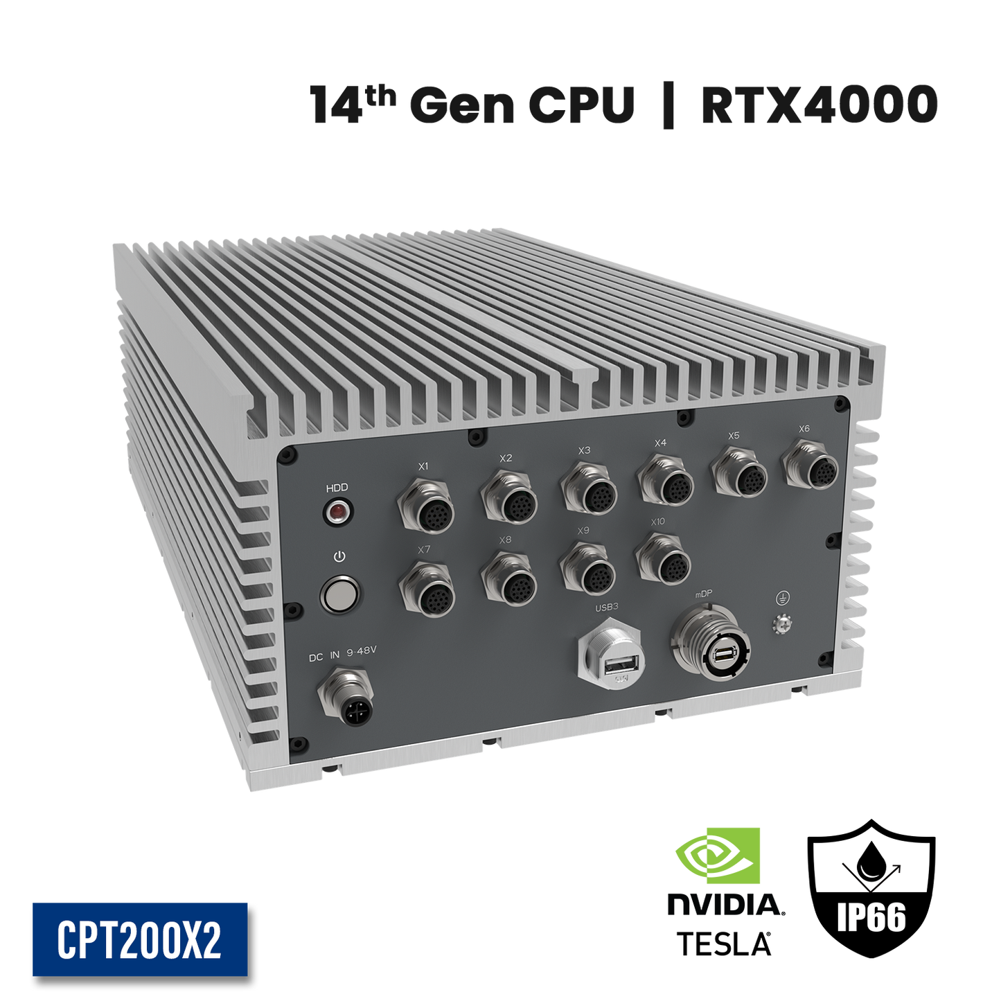 CPT200X2:  IP66 Waterproof Fanless Embedded GPU Computer with 4 x 2.5GbE w/M12,1 x miniDP w/M20, 1 x USB3.0 w/M20, 4 x PoE w/M12
