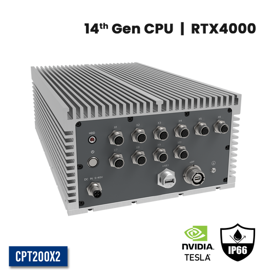 CPT200X2:  IP66 Waterproof Fanless Embedded GPU Computer with 4 x 2.5GbE w/M12,1 x miniDP w/M20, 1 x USB3.0 w/M20, 4 x PoE w/M12