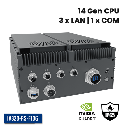 IV320-RS-F10G: Full IP65 Rugged AI Edge Computer with GPU, 1 x 10GbE w/M20, 1 x 2.5GbE w/M12, 1 x 1GbE w/M12, 1 x miniDP w/M20, 1 x USB3.0 w/M20, DC-IN 18~36V
