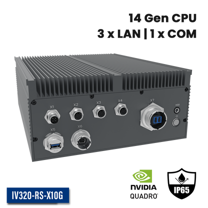 IV320-RS-X10G: Full IP65 Rugged AI Edge Computer with 1 x 10GbE w/M20, 1 x 2.5GbE w/M12, 1 x 1GbE w/M12, 1 x miniDP w/M20, 1 x USB3.0 w/M20, DC-IN 18~36V