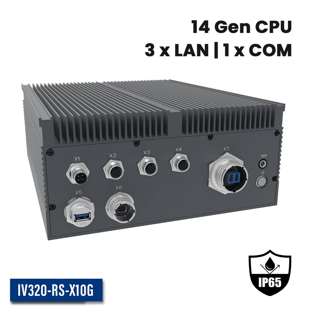 IV320-RS-X10G: Full IP65 Rugged AI Edge Computer with 1 x 10GbE w/D38999, 2 x 2.5GbE w/M12, 1 x miniDP w/D38999, 1 x COM w/M12, DC-IN 12~36V w/M12