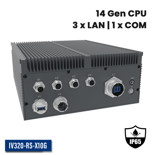 IV320-RS-X10G: Full IP65 Rugged AI Edge Computer with 1 x 10GbE w/D38999, 2 x 2.5GbE w/M12, 1 x miniDP w/D38999, 1 x COM w/M12, DC-IN 12~36V w/M12