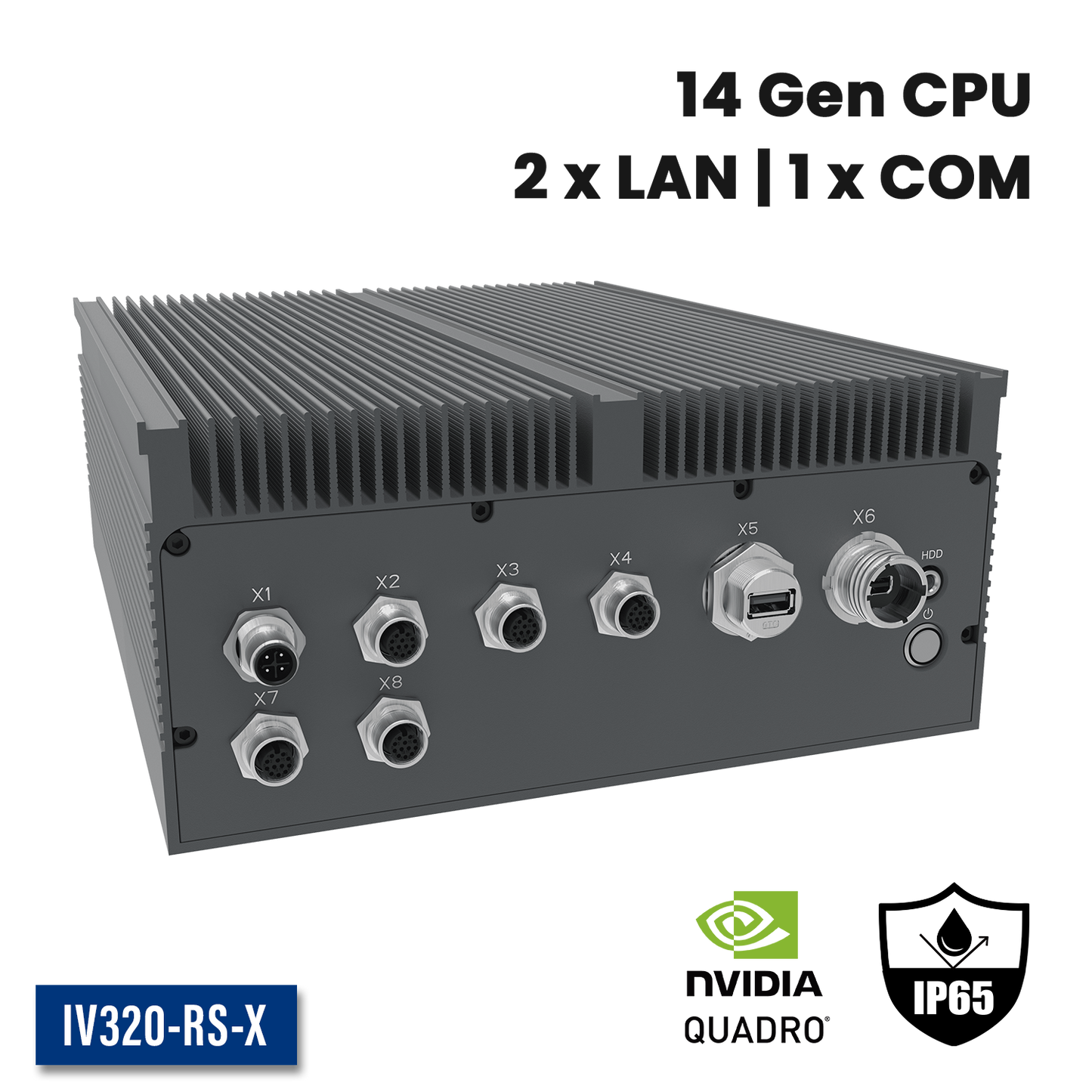 IV320-RS-X: Full IP65 Rugged AI Edge Computer with 2 x 2.5GbE w/M12,1 x miniDP w/M20,  1 x USB3.0 w/M20, DC-IN 18~36V