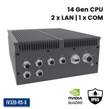 IV320-RS-X: Full IP65 Rugged AI Edge Computer with 2 x 2.5GbE w/M12,1 x miniDP w/M20,  1 x USB3.0 w/M20, DC-IN 18~36V