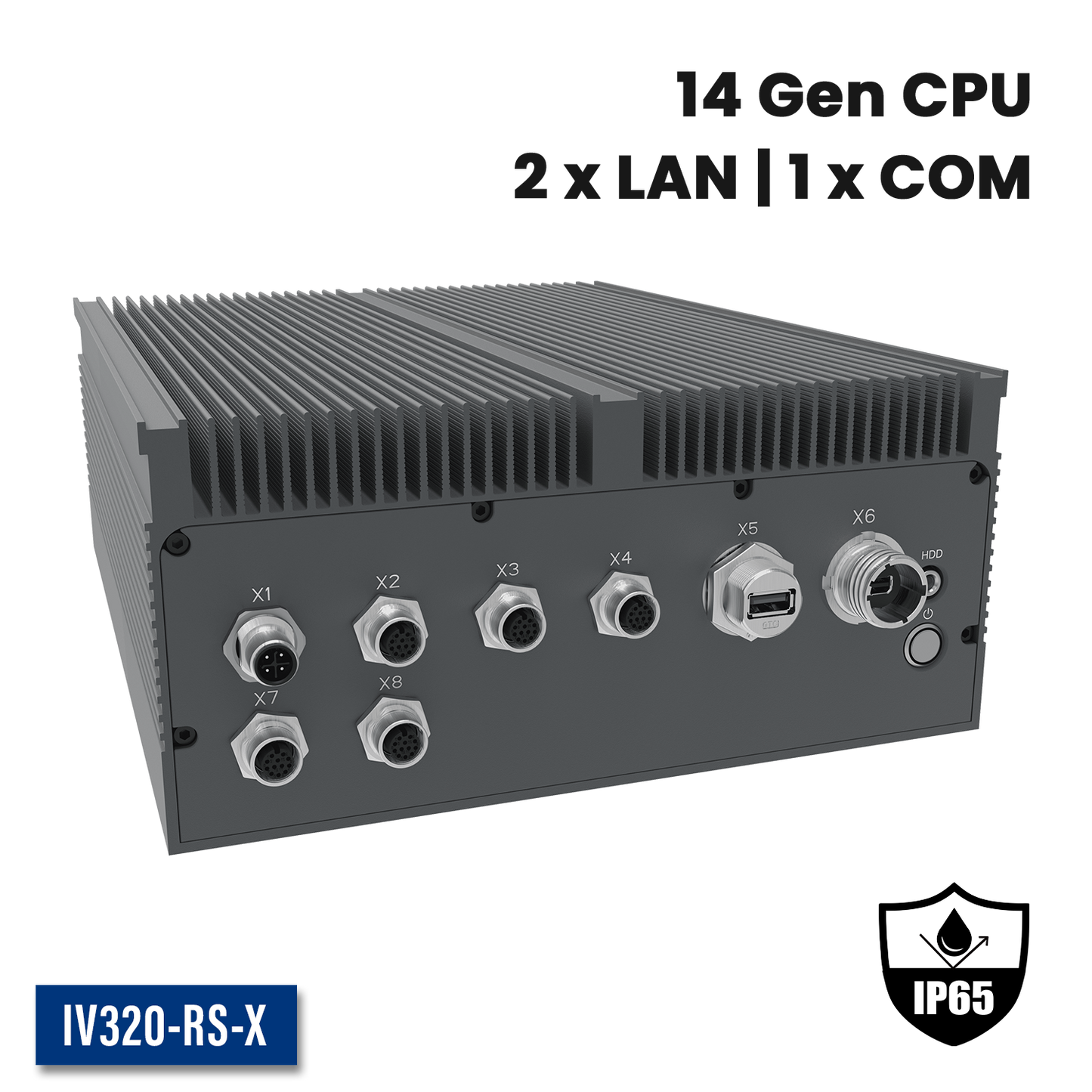 IV320-RS-X: Full IP65 Rugged AI Edge Computer with 2 x 2.5GbE w/M12,1 x miniDP w/M20,  1 x USB3.0 w/M20, DC-IN 18~36V