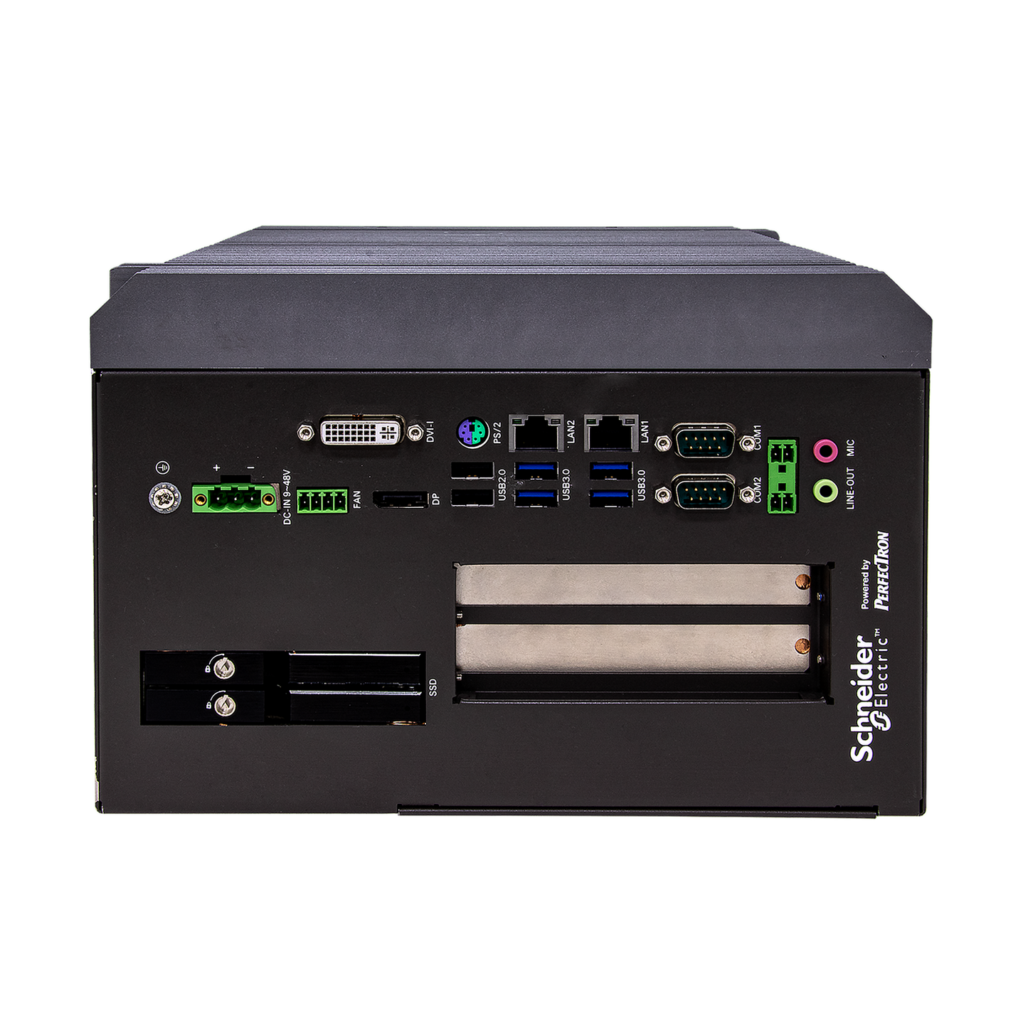 SCH3X1: Smart Energy Fanless Computer with  2 x COM, 2 x PCIe Expansion, 2 x Hot Swappable SSD,                  DC Input 9~48V