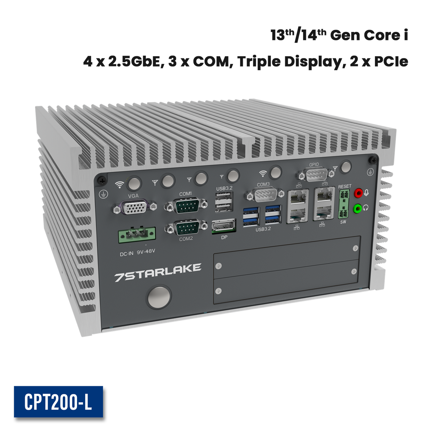 CPT200-L: Industrial Fanless Embedded Computer with 4 x 2.5GbE, 3 x COM, Triple Display, 2 x Expansion Door