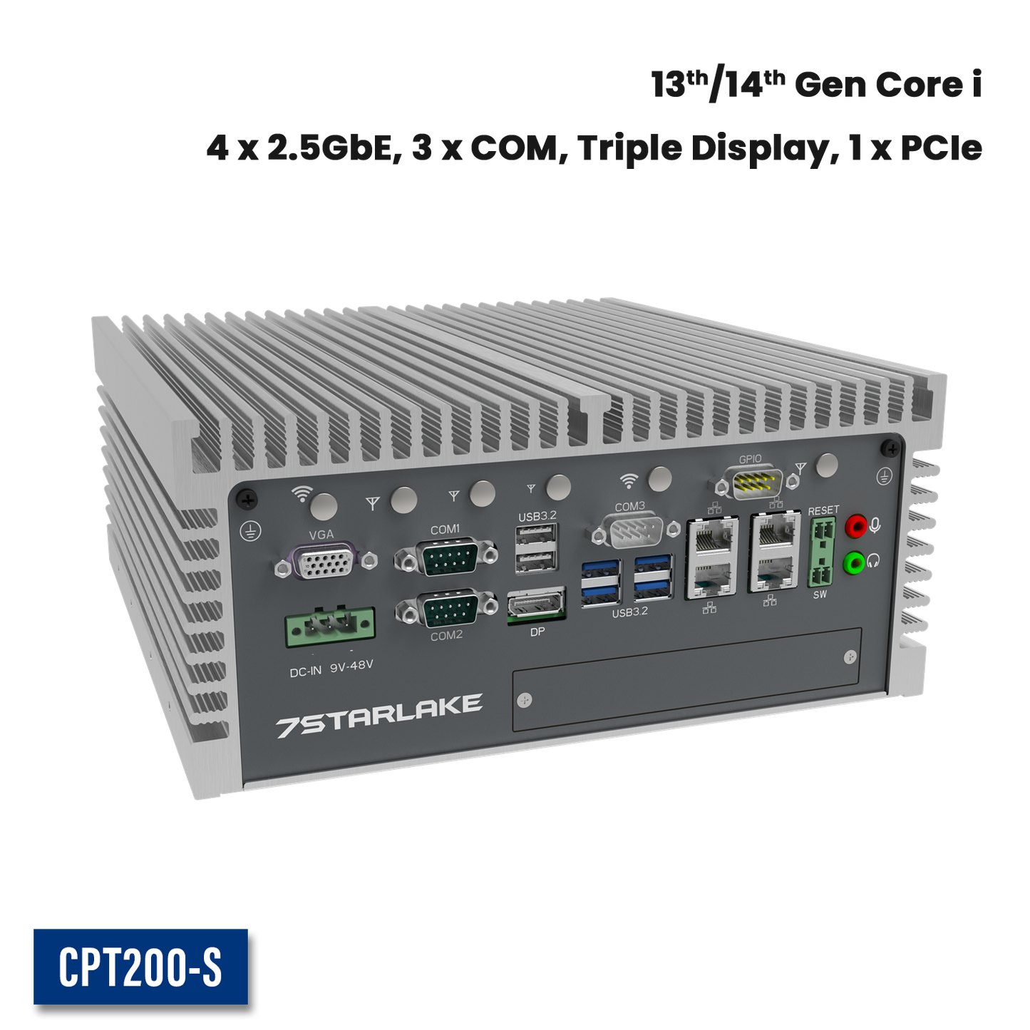 CPT200-S: Industrial Fanless Embedded Computer with 4 x 2.5GbE, 3 x COM, Triple Display, 2 x Expansion Door