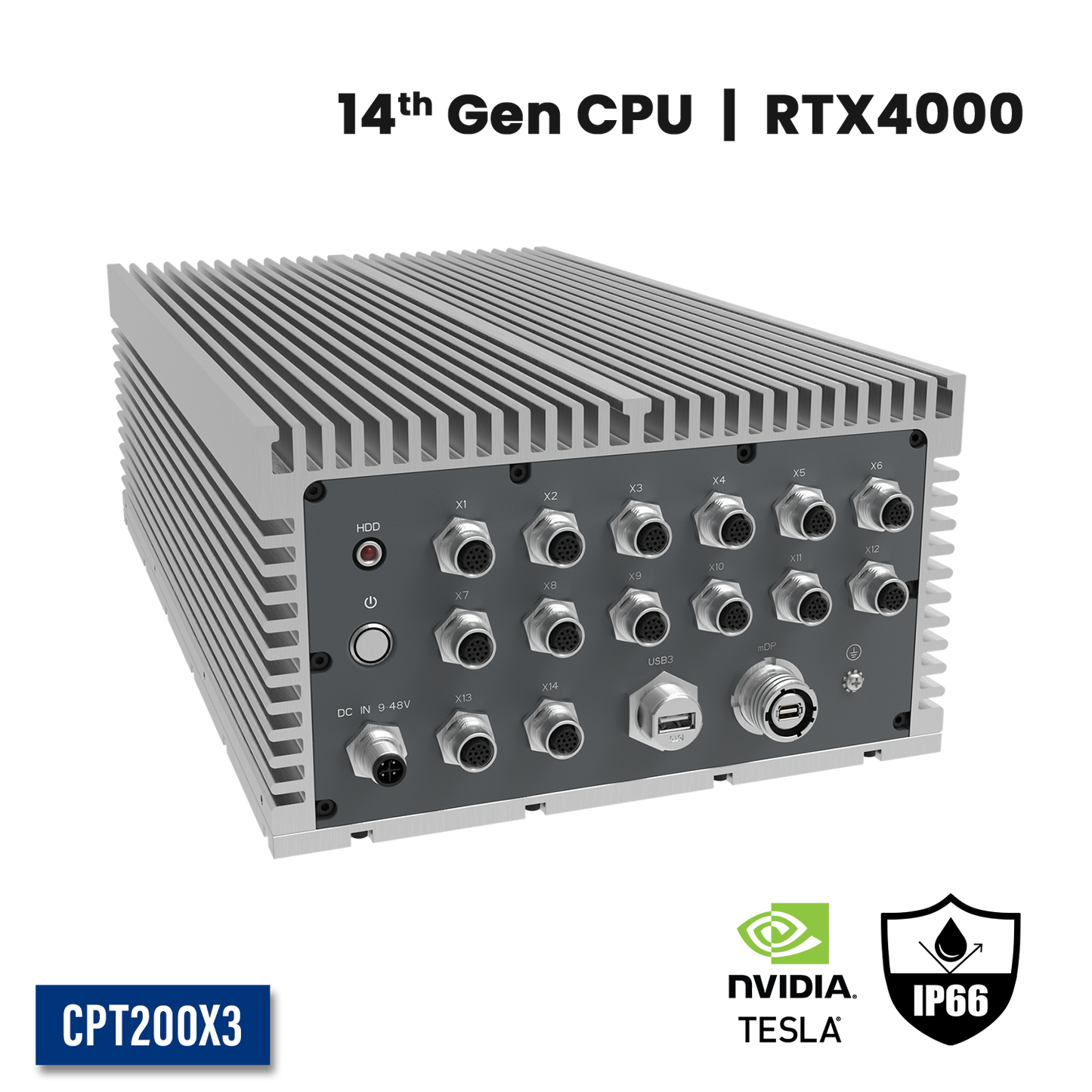 CPT200X3:  IP66 Waterproof Fanless Embedded GPU Computer with 4 x 2.5GbE w/M12,1 x miniDP w/M20, 1 x USB3.0 w/M20, 4 x POE w/M12, 2 x CANBUS/8 bit-DIDO w/M12