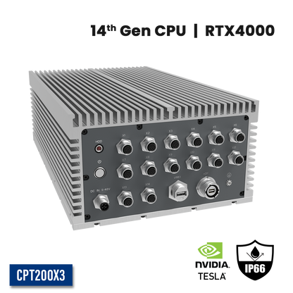 CPT200X3:  IP66 Waterproof Fanless Embedded GPU Computer with 4 x 2.5GbE w/M12,1 x miniDP w/M20, 1 x USB3.0 w/M20, 4 x POE w/M12, 2 x CANBUS/8 bit-DIDO w/M12