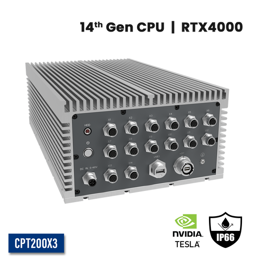 CPT200X3:  IP66 Waterproof Fanless Embedded GPU Computer with 4 x 2.5GbE w/M12,1 x miniDP w/M20, 1 x USB3.0 w/M20, 4 x POE w/M12, 2 x CANBUS/8 bit-DIDO w/M12