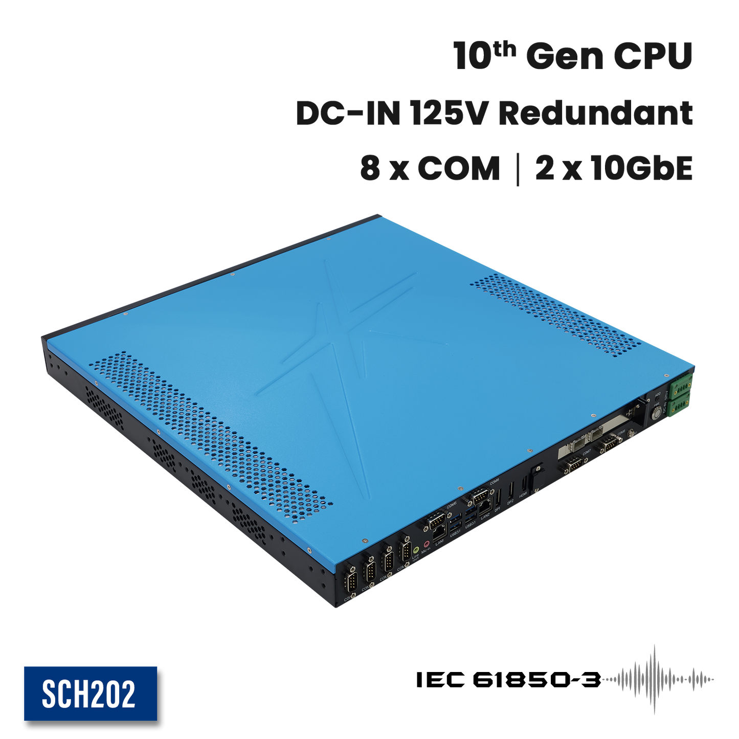 SCH202: 1U Fanless Power Automation Computer with 8 x COM, 2 x 10GbE, Redundant 125V DC