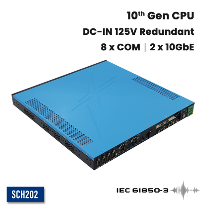 SCH202: 1U Fanless Power Automation Computer with 8 x COM, 2 x 10GbE, Redundant 125V DC