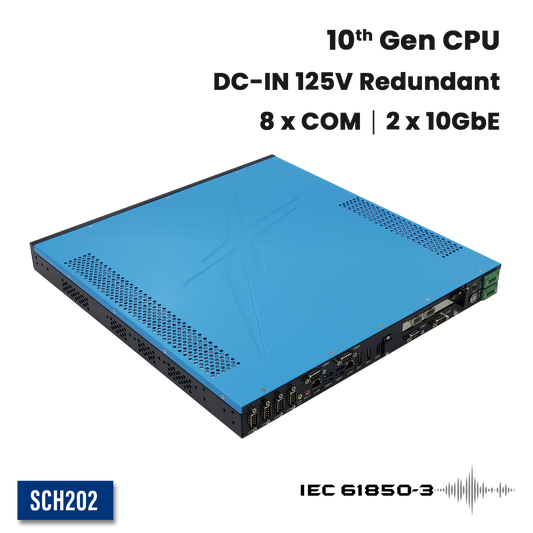 SCH202: 1U Fanless Power Automation Computer with 8 x COM, 2 x 10GbE, Redundant 125V DC