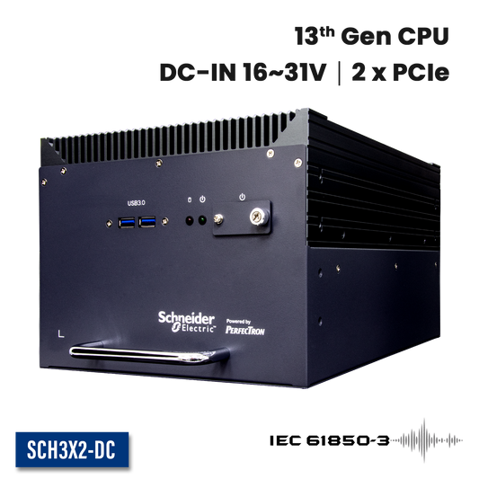 SCH3X2-DC: IEC-61850-3 ,IEEE-1613 Smart Energy Fanless Computer with 2 x PCIe Expansion, 2 x Hot Swappable SSD, DC Input 16~31V