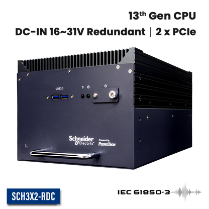 SCH3X2-RDC: IEC-61850-3 ,IEEE-1613 Smart Energy Fanless Computer with 2 x PCIe Expansion, 2 x Hot Swappable SSD, Redundant DC Input 16~31V