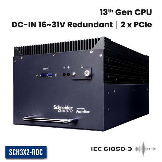SCH3X2-RDC: IEC-61850-3 ,IEEE-1613 Smart Energy Fanless Computer with 2 x PCIe Expansion, 2 x Hot Swappable SSD, Redundant DC Input 16~31V