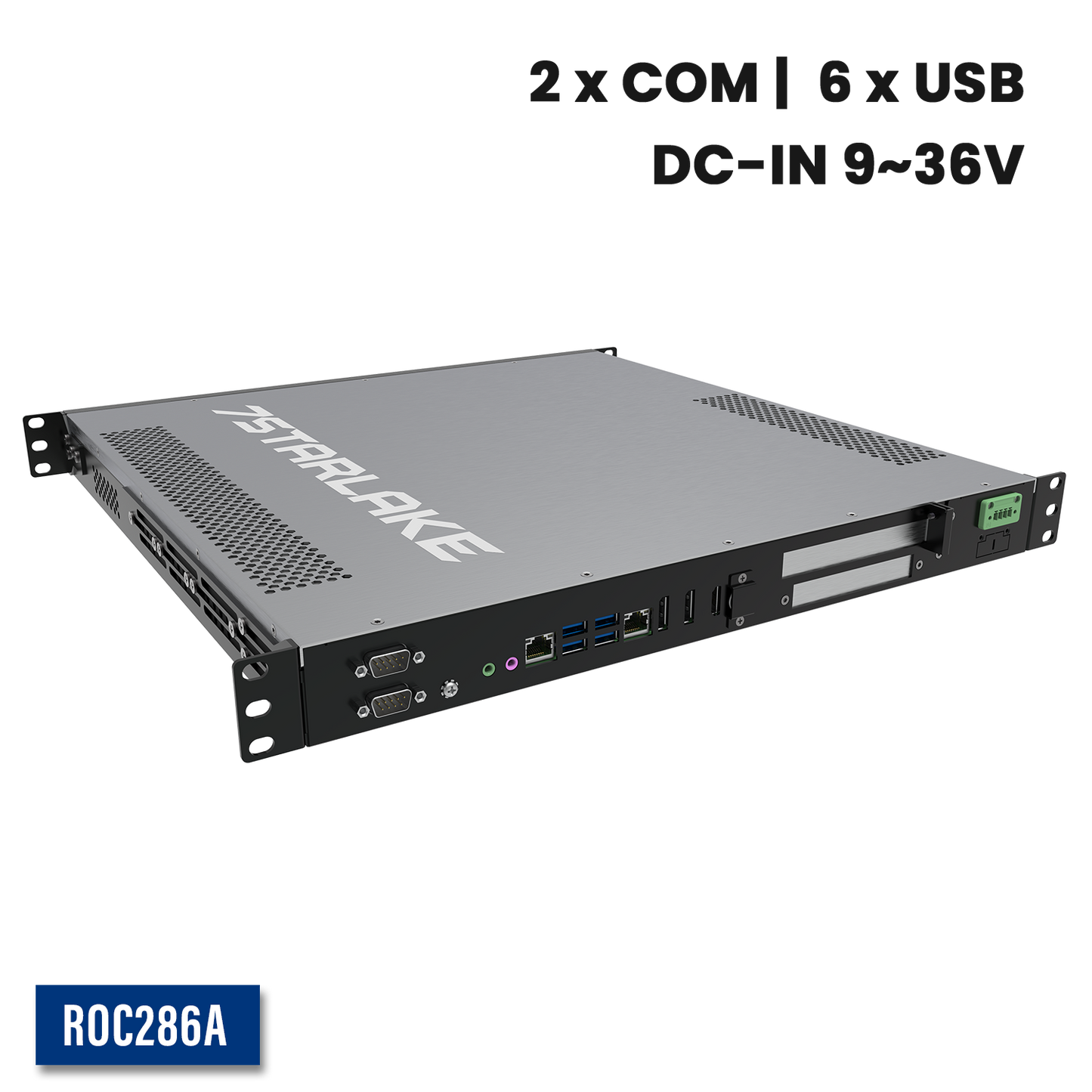 ROC286A: 1U Fanless Rackmount Server with 2 x COM, 6 x USB, DC-IN 9~36V