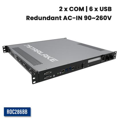 ROC286BB: 1U Fanless Rackmount Server with 2 x COM, 6 x USB, Redundant AC-IN 90~260V