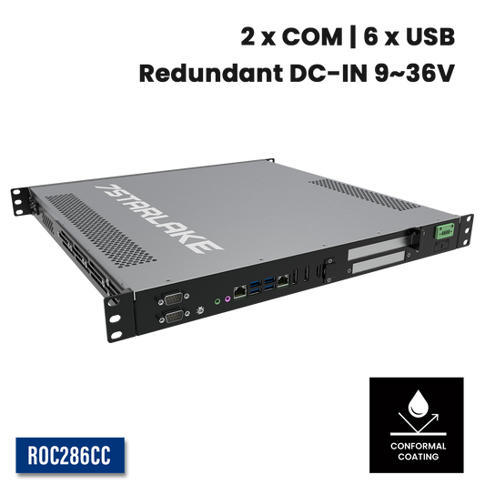 ROC286CC: 1U Fanless Rackmount Server with  Conformal Coating, 2 x COM, 6 x USB, Redundant DC-IN 9~36V