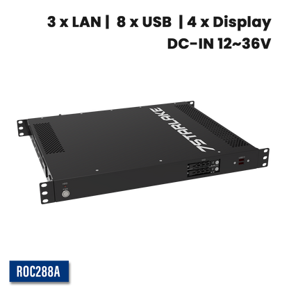 ROC288A: 1U Fanless Rackmount Server with 3 x LAN, 8 x USB, 4 x Display, DC-IN 12~36V