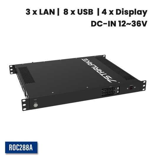 ROC288A: 1U Fanless Rackmount Server with 3 x LAN, 8 x USB, 4 x Display, DC-IN 12~36V