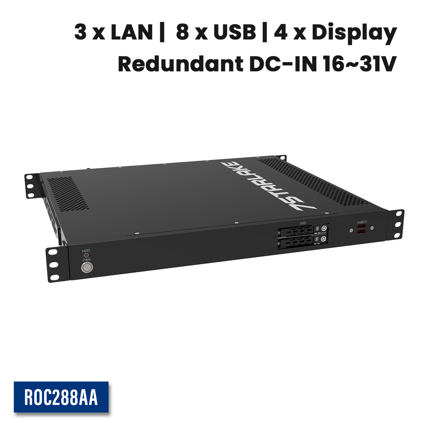 ROC288AA: 1U Fanless Rackmount Server with 3 x LAN, 8 x USB, 4 x Display, Redundant DC-IN 16~31V