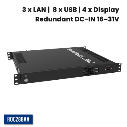 ROC288AA: 1U Fanless Rackmount Server with 3 x LAN, 8 x USB, 4 x Display, Redundant DC-IN 16~31V