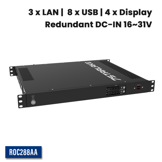 ROC288AA: 1U Fanless Rackmount Server with 3 x LAN, 8 x USB, 4 x Display, Redundant DC-IN 16~31V