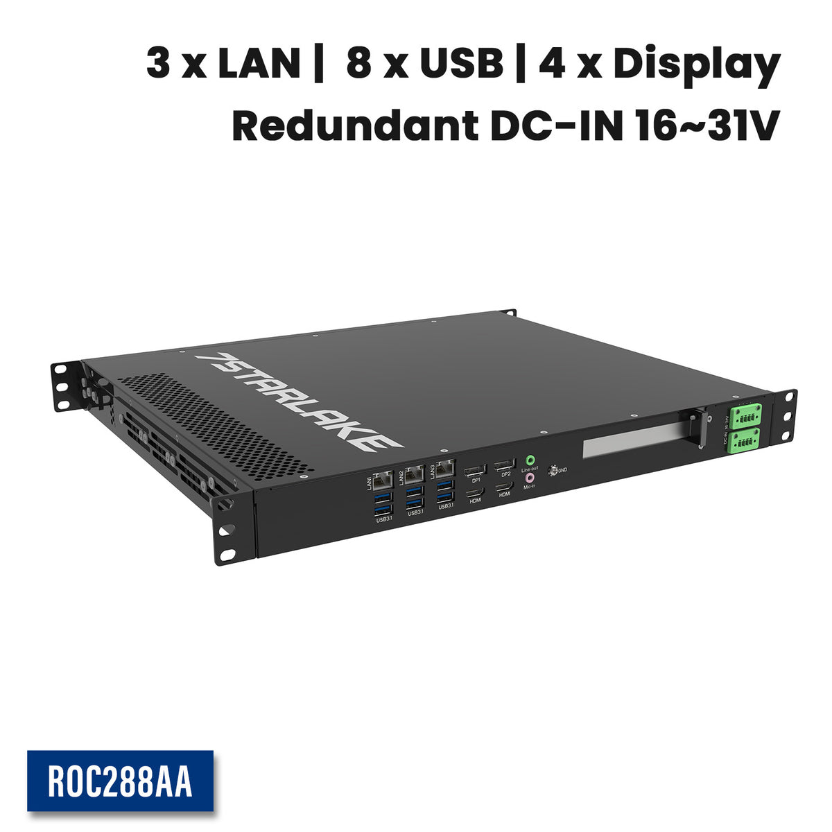ROC288AA: 1U Fanless Rackmount Server with 3 x LAN, 8 x USB, 4 x Display, Redundant DC-IN 16~31V