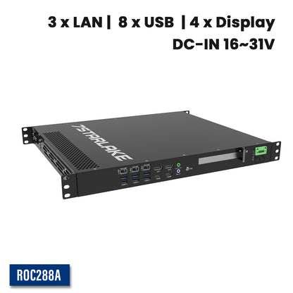 ROC288A: 1U Fanless Rackmount Server with 3 x LAN, 8 x USB, 4 x Display, DC-IN 16~31V