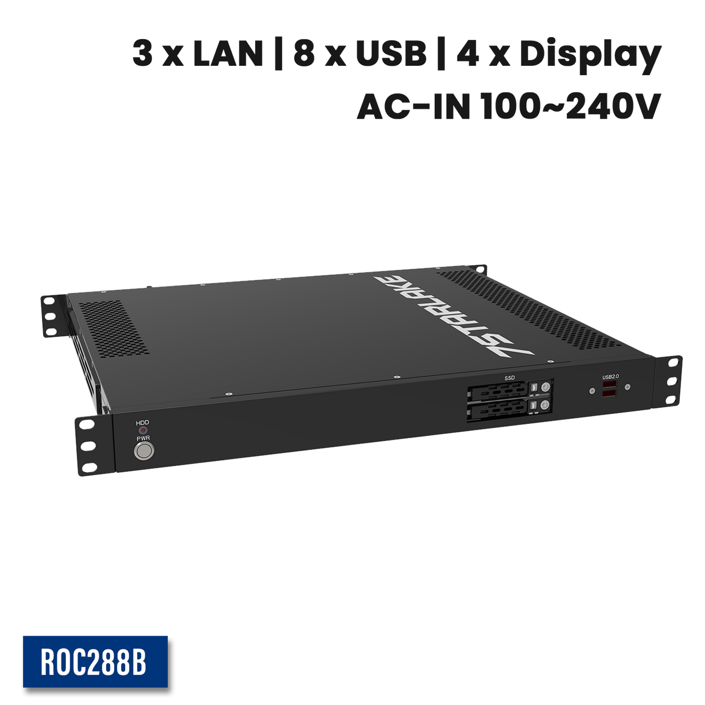 ROC288B: 1U Fanless Rackmount Server with 3 x LAN, 8 x USB, 4 x Display, AC-IN 100~240V