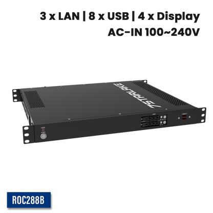 ROC288B: 1U Fanless Rackmount Server with 3 x LAN, 8 x USB, 4 x Display, AC-IN 100~240V