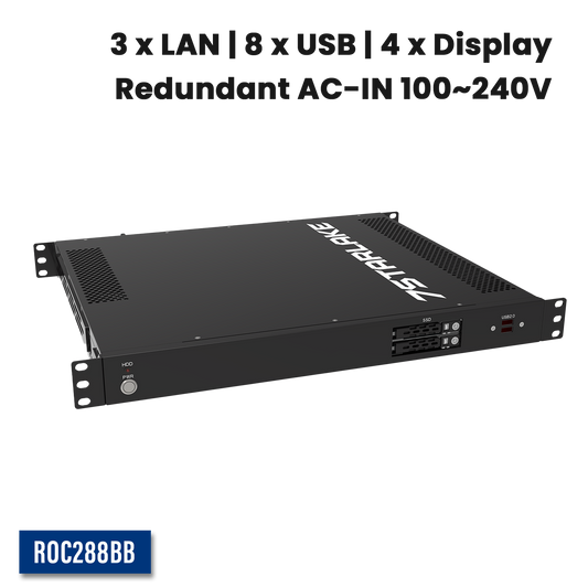 ROC288BB: 1U Fanless Rackmount Server with 3 x LAN, 8 x USB, 4 x Display, Redundant AC-IN 100~240V